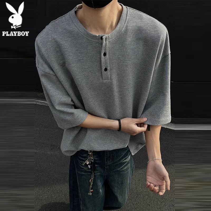 花花公子亨利领短袖T恤男夏季新款重磅宽松华夫格五分袖休闲半袖