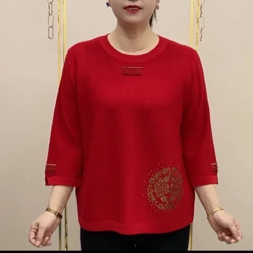 针织衫显瘦中老年遮肉七分袖春秋针织打底衫新款圆领妈妈休闲宽松