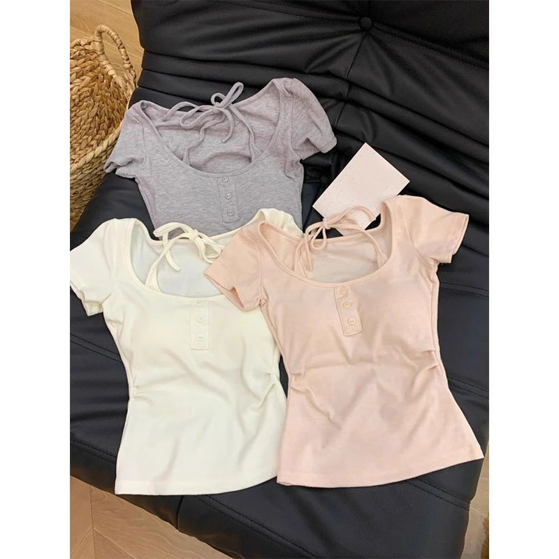 【带胸垫】假两件挂脖系带短袖T恤女夏季纯欲修身显瘦小个子上衣