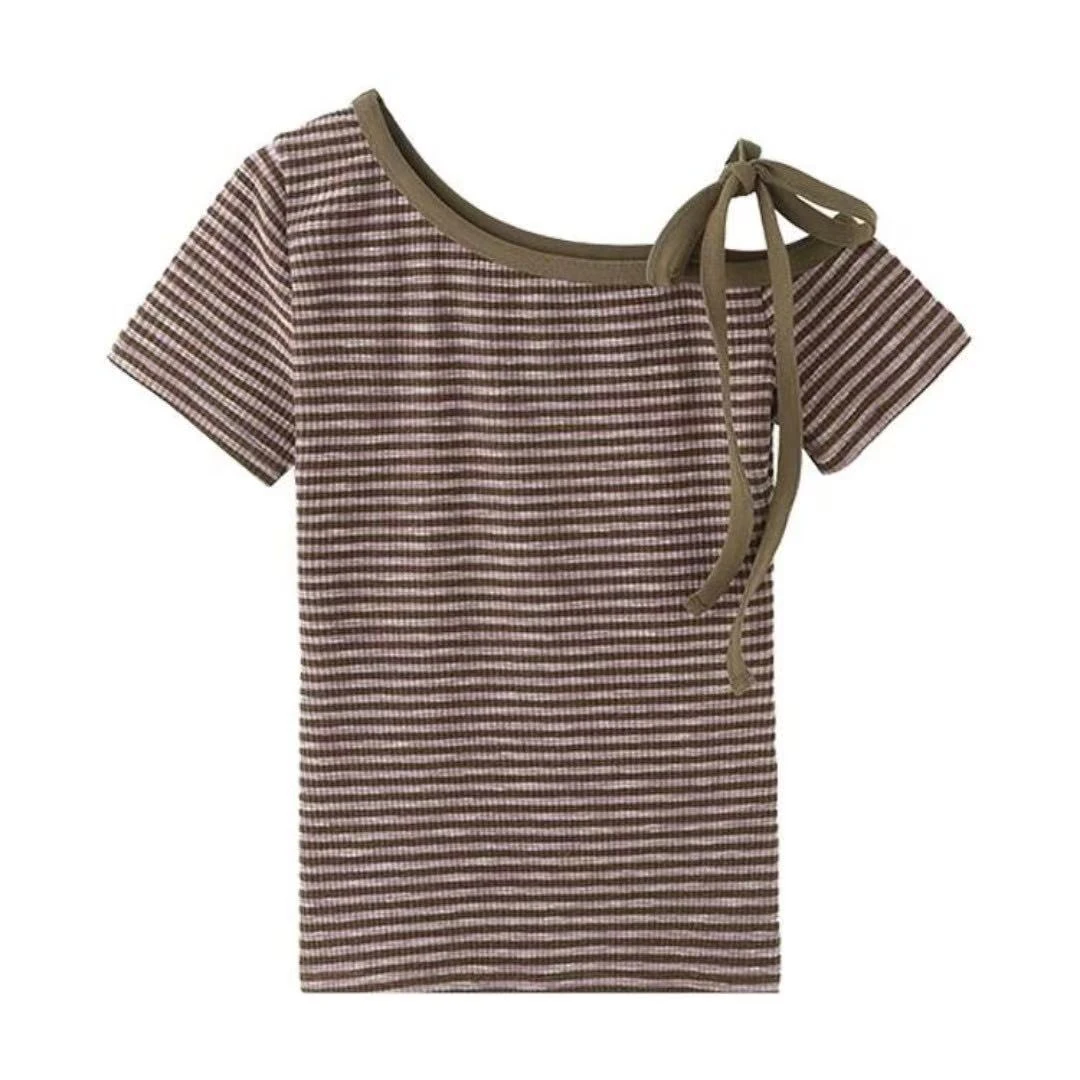 美式辣妹条纹撞色绑带设计感斜肩T恤女夏季修身百搭露肩上衣