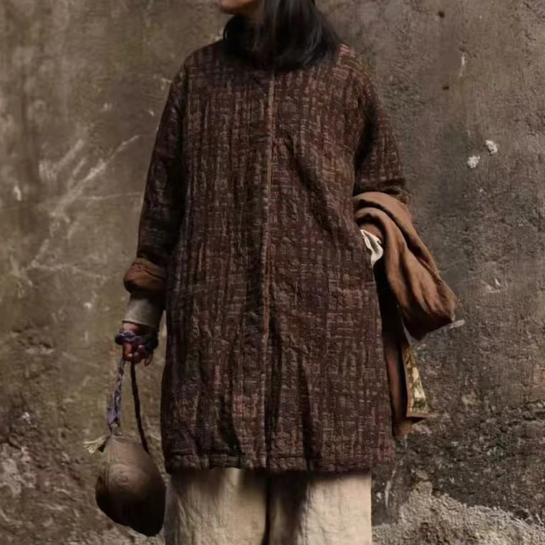 原创设计复古提花中长款棉冬季保暖休闲棉衣外套