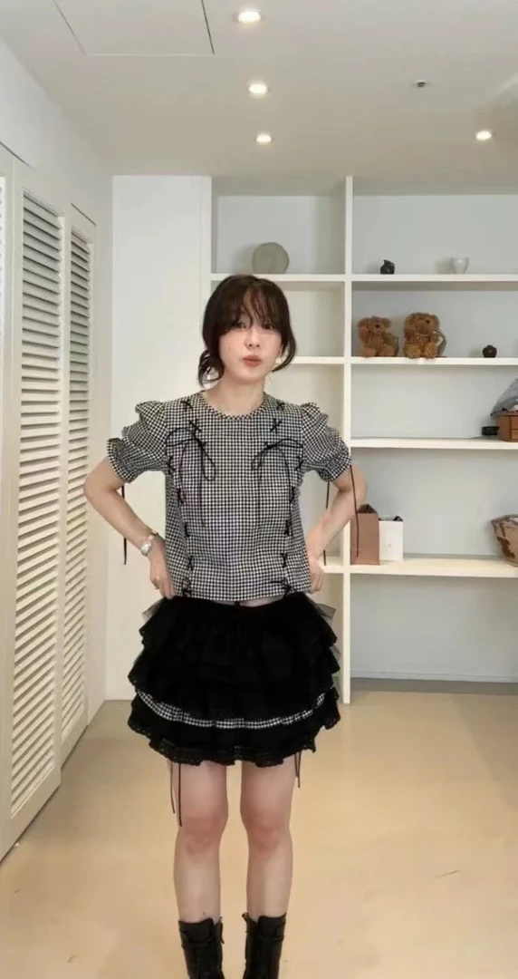 韩国本土代购FLETTA格子蝴蝶结上衣短袖NO退NO换