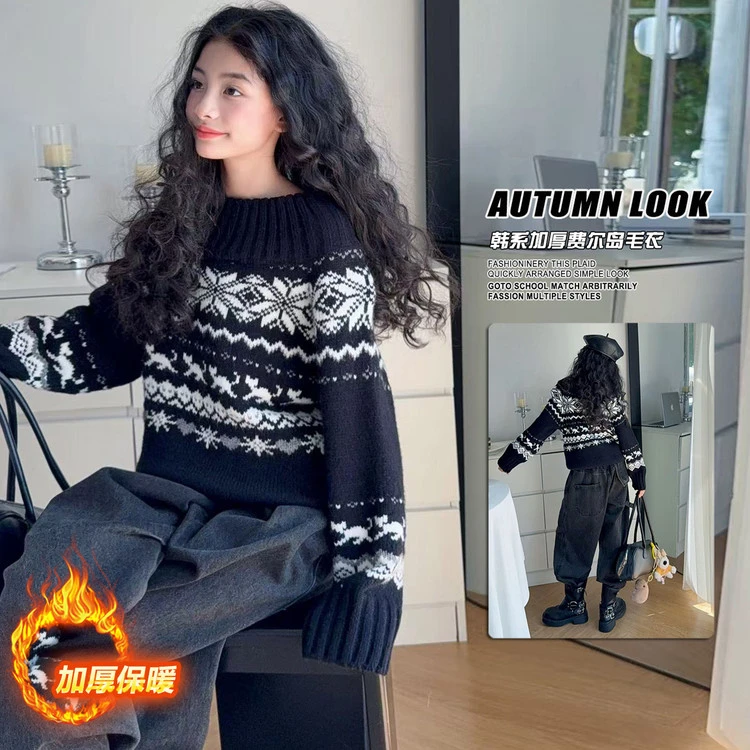 女童中大童休闲风翻领韩版纯色毛衣针织衫百搭韩系圆领保暖