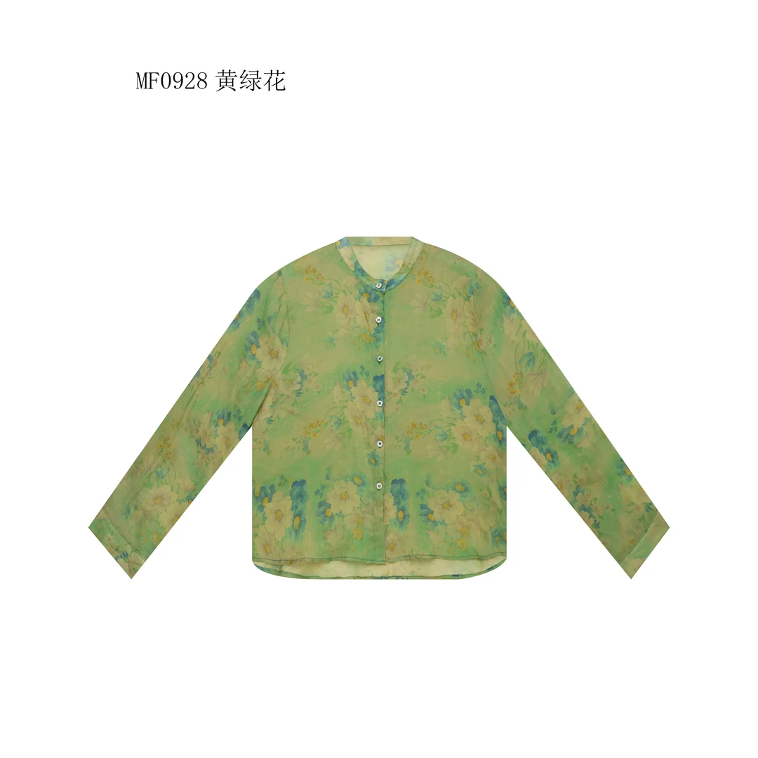 【麻訪家】MF0928黄绿花文艺印花休闲百搭长袖开衫上衣