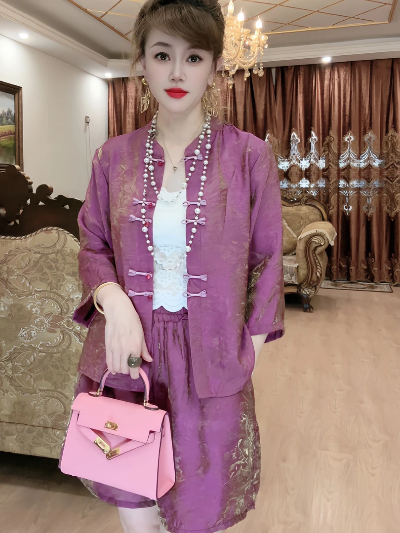 ［珠光琉璃］新中式流光锦七分袖上衣➕短裤套装