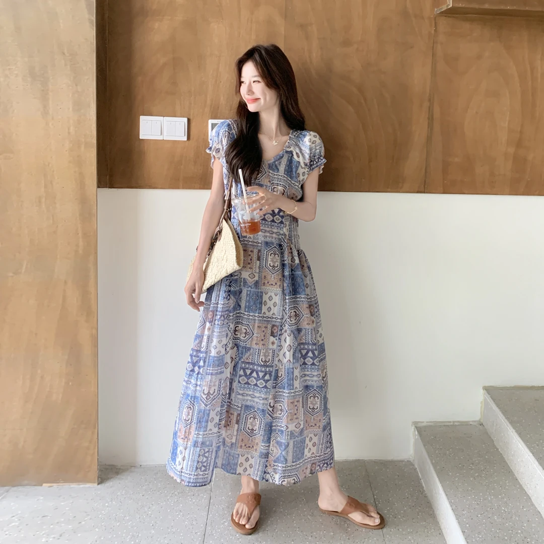 波西米亚风印花连衣裙女2025夏新款设计感甜美减龄收腰显瘦A字裙