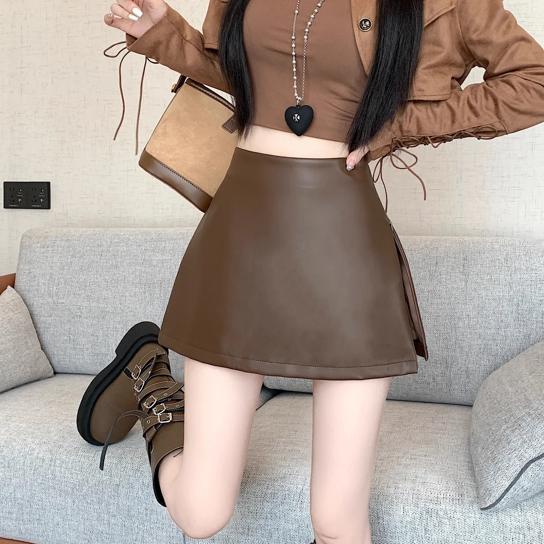 美式辣妹咖色PU皮裙女秋季高腰包臀裙半身裙防走光侧边开叉短裙子
