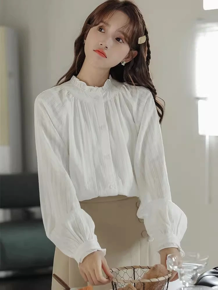 木耳边白衬衫女设计感小众2025春秋新款长袖叠穿衬衣宽松甜美上衣