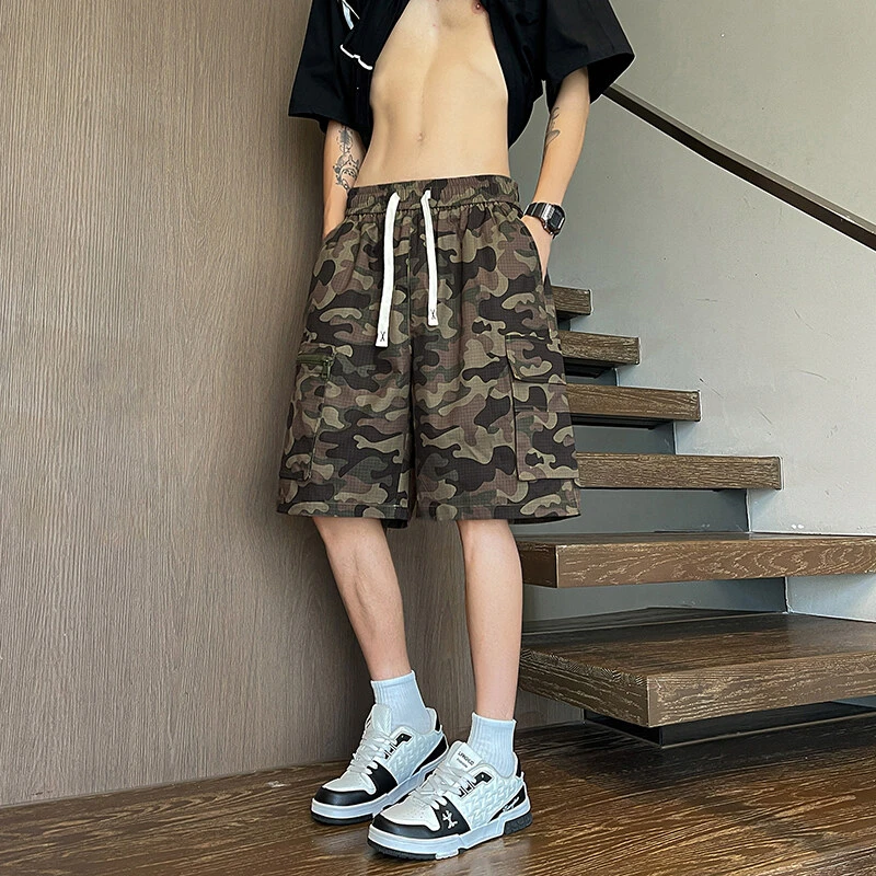 大口袋迷彩工装短裤男夏季薄款潮牌美式休闲中裤宽松直筒五分裤子