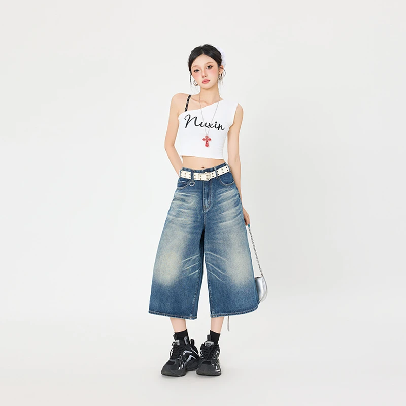 2331复古七分直筒牛仔裤女2025早秋新款宽松高腰显瘦阔腿女士新款