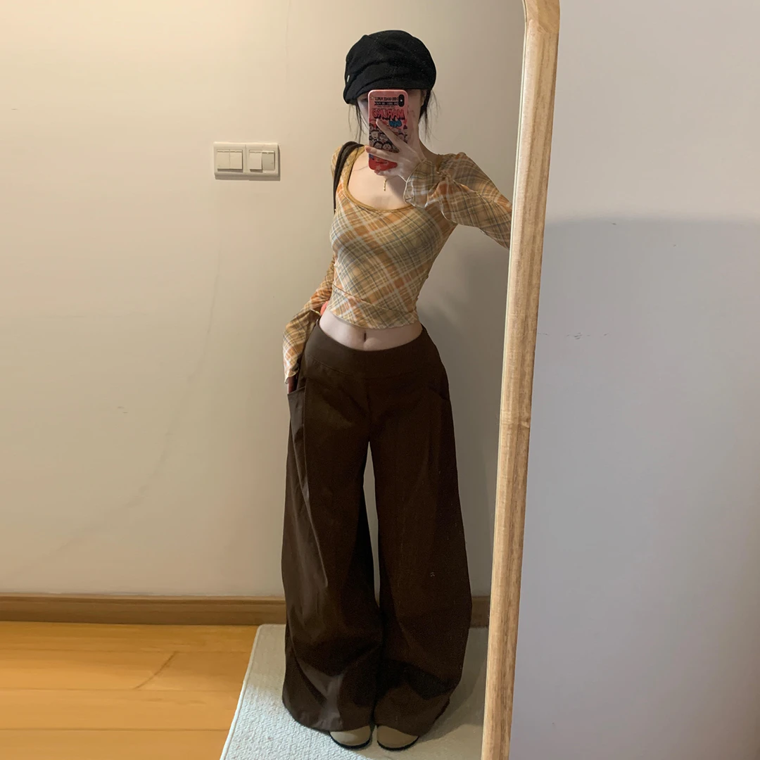 纯欲辣妹格纹U领长袖T恤女春秋季2026新款修身显瘦内搭打底衫上衣