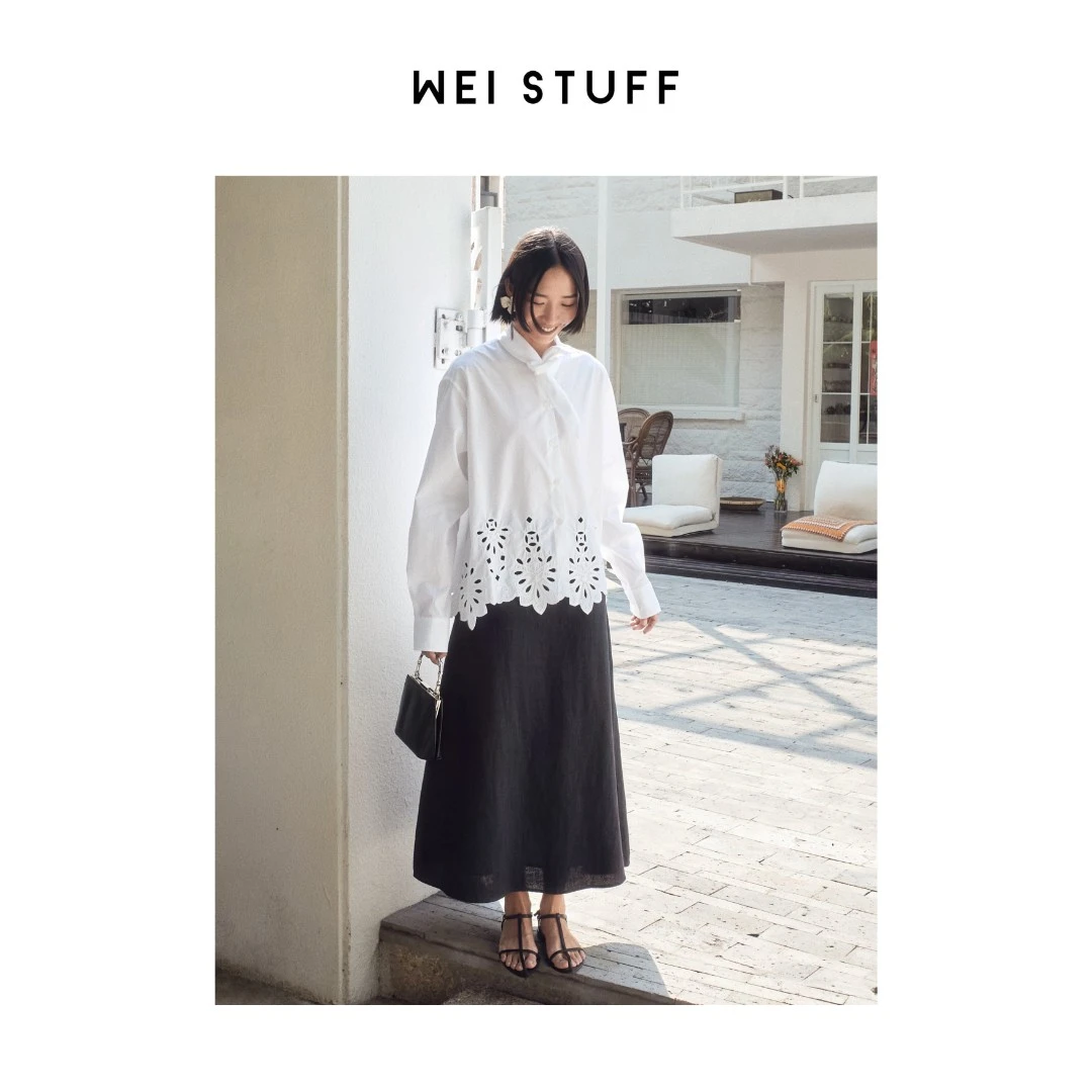 WEI STUFF 春季欧若风纯棉法式甜美时尚纯色设计感镂空衬衫 8732