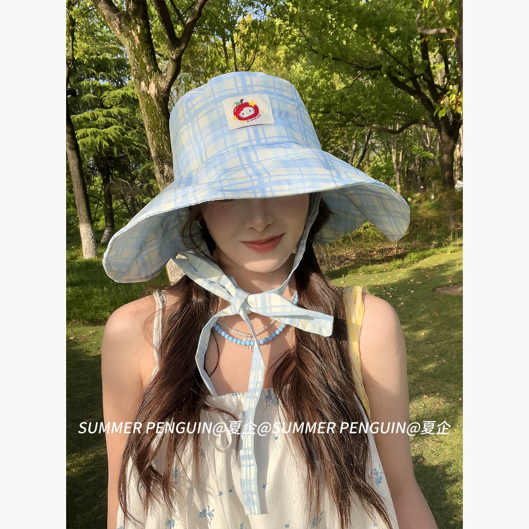 SUMMER PENGUIN可爱韩系格纹kt渔夫帽百搭沙滩帽遮阳帽