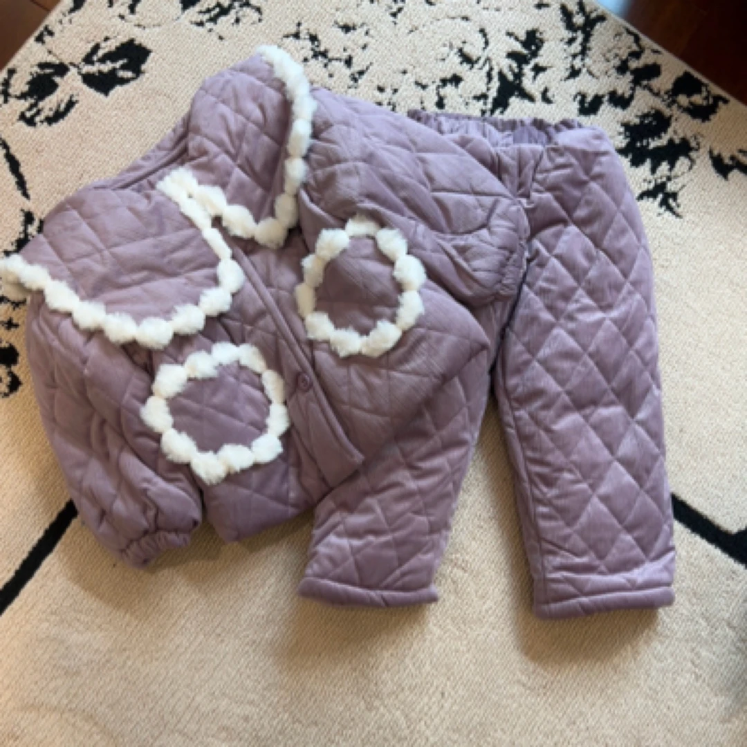 【编号P937】Y23199-07-儿童毛球花边家居服套装紫色-YX