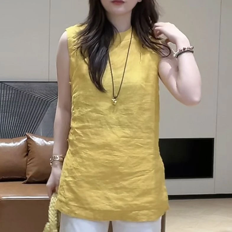 2025年夏季新款韩版圆领纯色无袖T恤女生时尚百搭慵懒感小众上衣