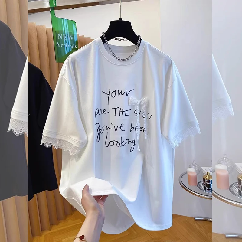 高级感蕾丝拼接字母蝴蝶结短袖T恤上衣女装夏季新款大码宽松体恤