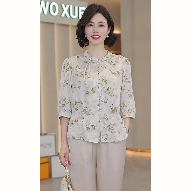 新中式妈妈装夏季国风小衫T恤套装2025新款洋气中老年女装两件套