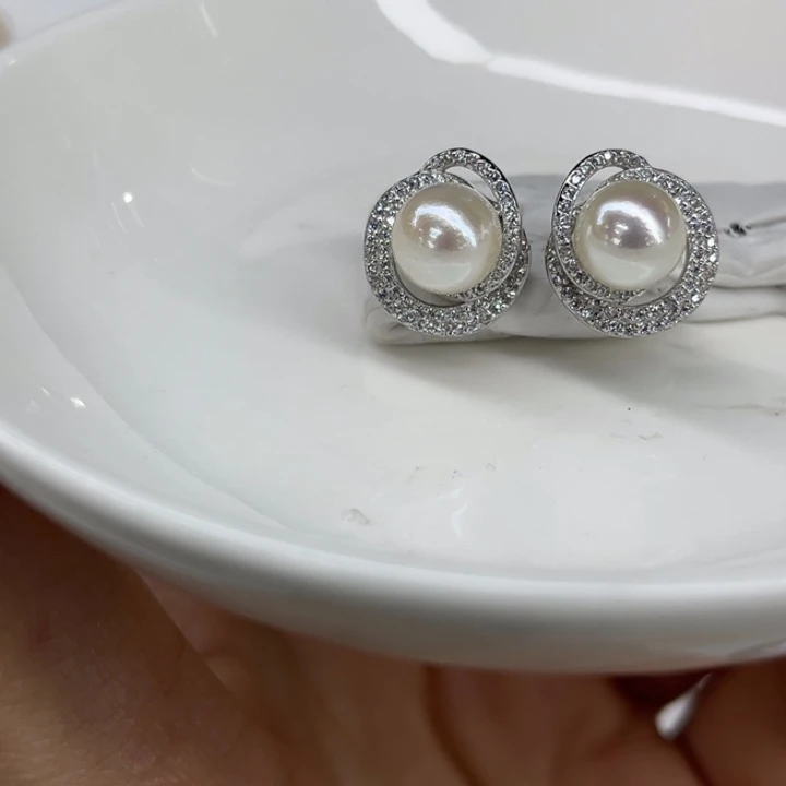 银S925镶嵌耳饰海水珍珠7-8