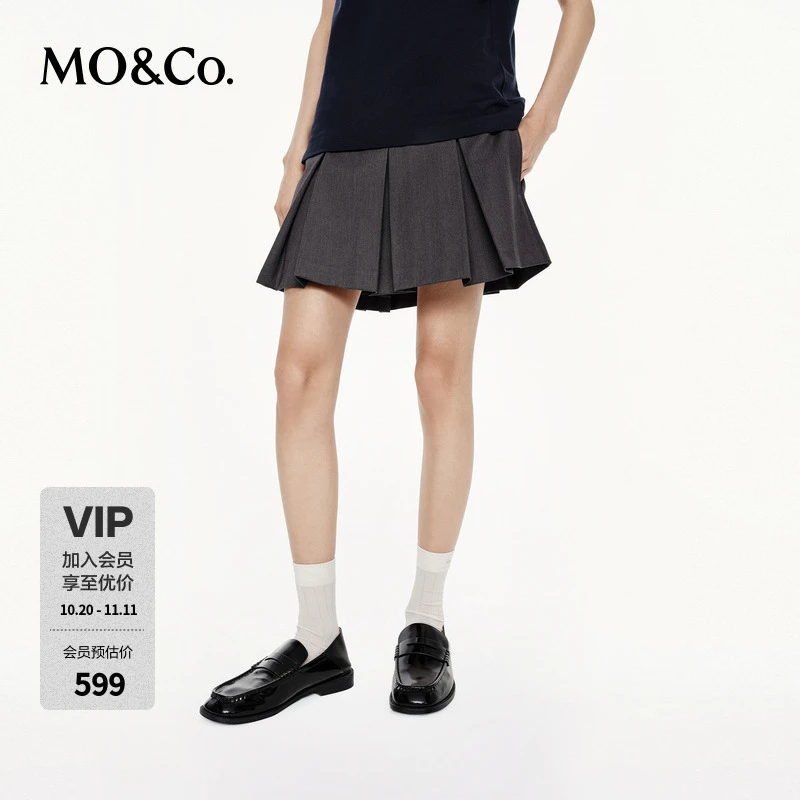 MOCO短裙2025秋新品高智学院风立体工字褶中低腰半身裙MBE3SKT024