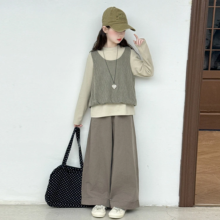 女童套装春秋装2025新款儿童洋气女大童针织马甲打底衫裤子三件套