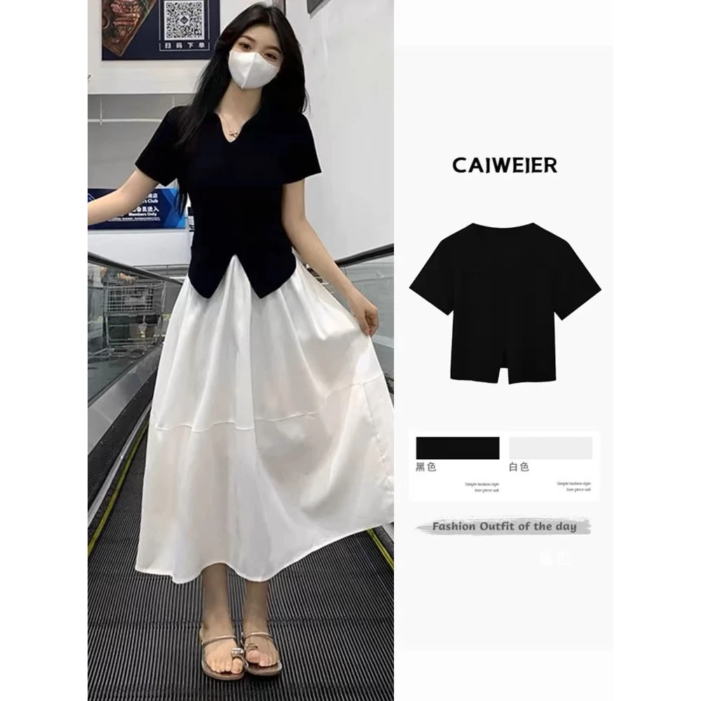 夏季黑色v领正肩开叉短袖T恤法式掐腰设计感上衣女2025新款爆款