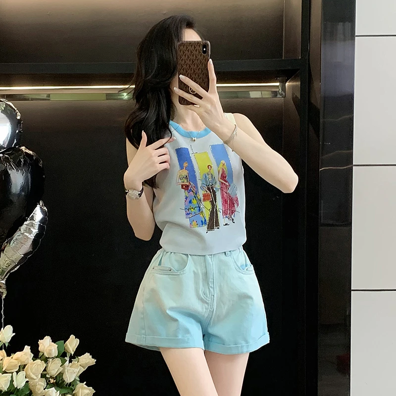 韩版设计感撞色无袖针织背心T恤女2025夏新款修身休闲小个子短袖