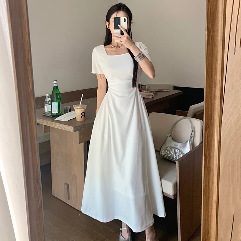 法式气质优雅方领白色连衣裙女夏装2025年夏季新款修身短袖长裙子