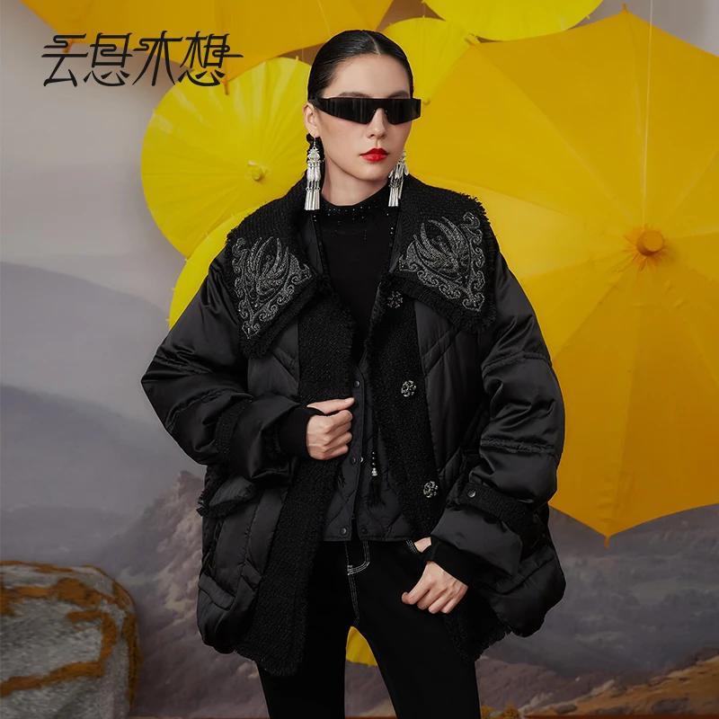 Ysimo-X云思木想 火舞凤凰 绣花小香拼接冬季短款鸭绒羽绒服12180