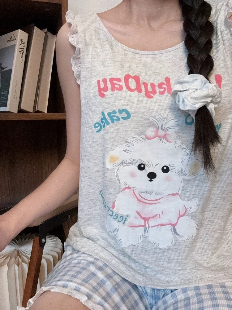 【带胸垫】夏季集合莫代尔女士背心短裤套装卡通动漫灰色家居服睡衣