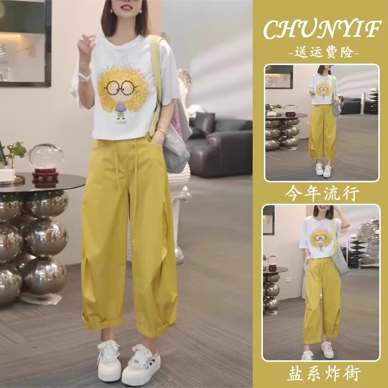 时尚休闲运动套装女夏季2025新款洋气减龄印花短袖T恤两件套裤子