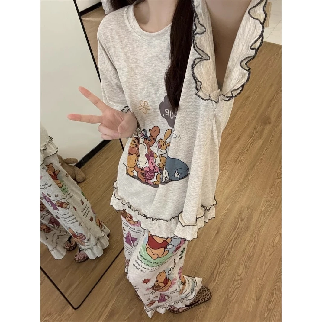 可爱维尼熊印花短袖睡衣女夏季2025新款大码休闲阔腿裤家居服套装