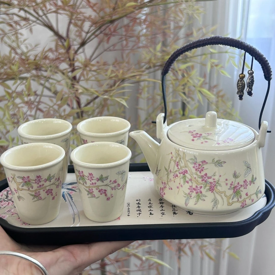 紫藤花提梁壶精致茶具防烫陶瓷功夫茶具一壶四杯带水盘小泡茶壶yw