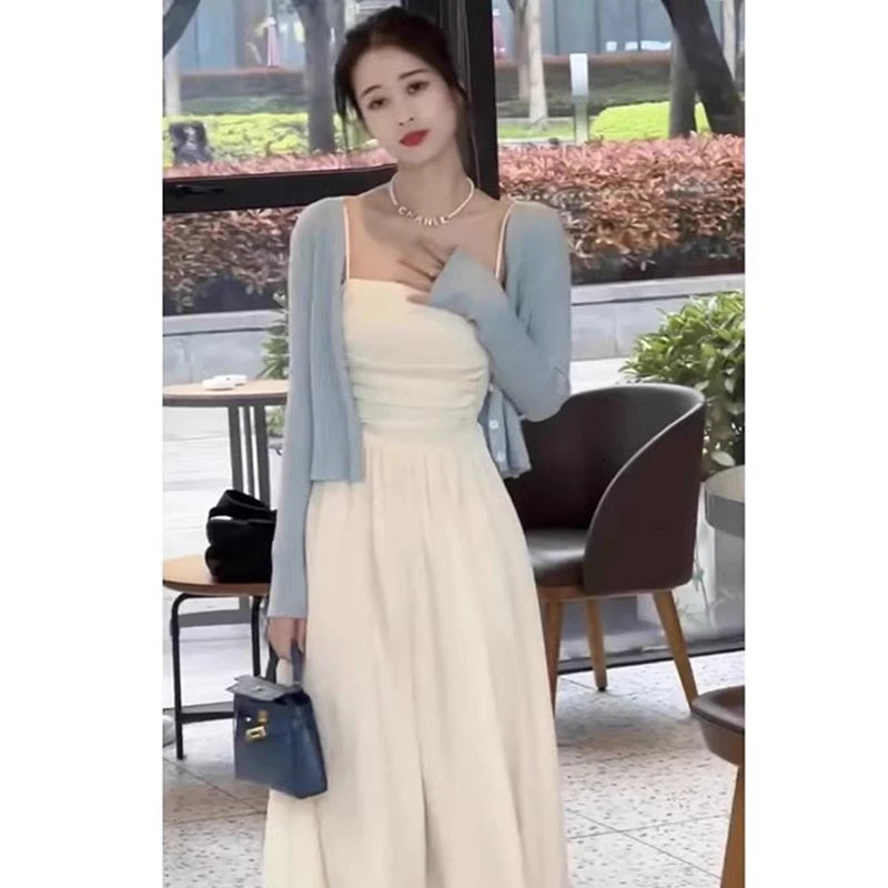 短款蓝色针织防晒开衫薄款女2025夏季吊带裙外搭薄纱外套空调披肩