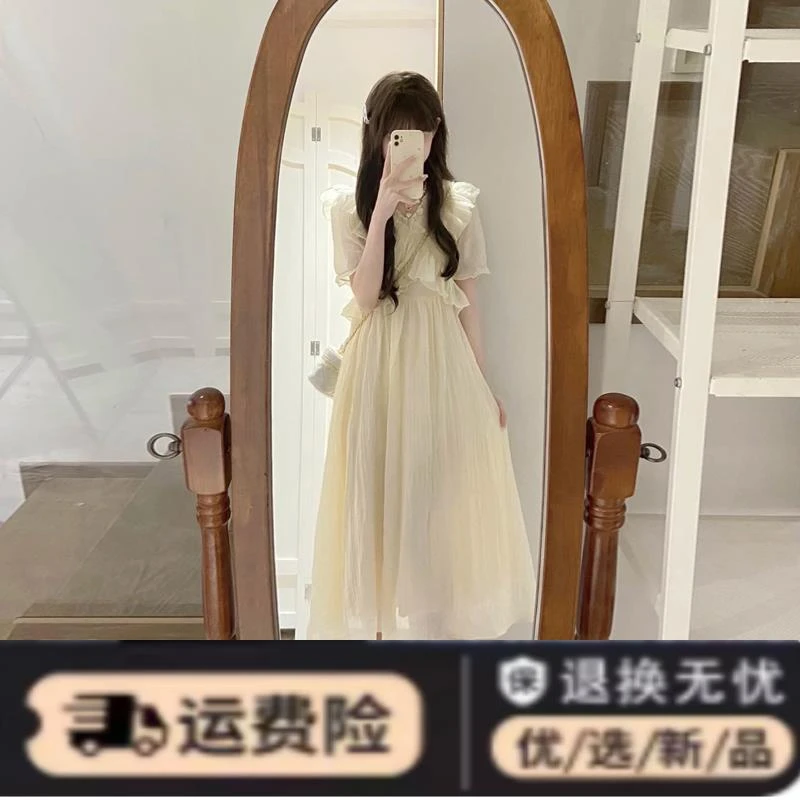 高级设计感白色雪纺连衣裙女夏2023新款温柔风荷叶边收腰显瘦长裙