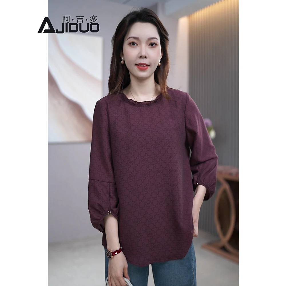 大码女装紫红色小衫女2025春秋新款中年妈妈装宽松显瘦薄款上衣