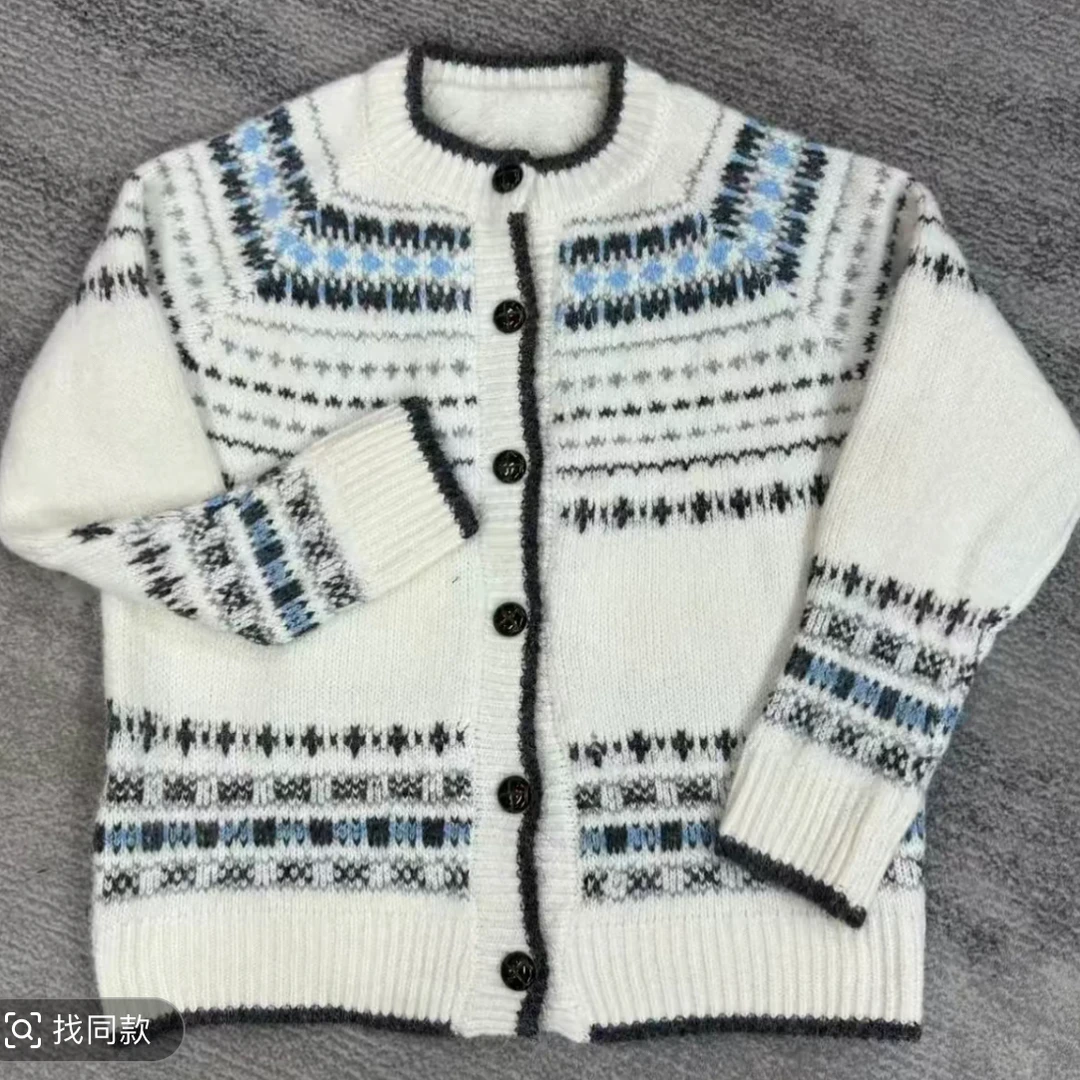 深圳南油YYM1666复古提花圆领针织开衫女秋冬25宽松羊毛毛衣外套
