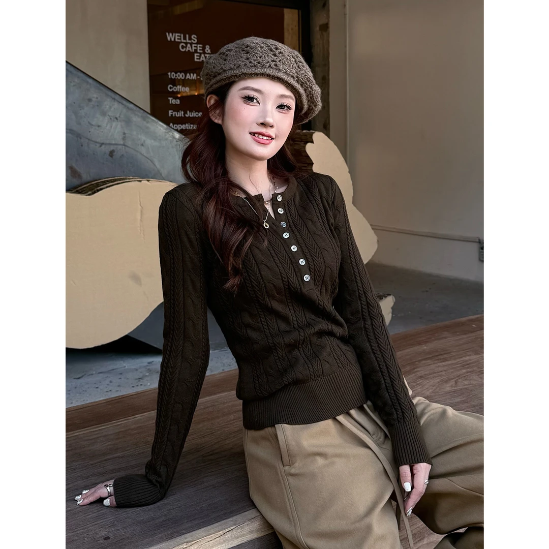 秋冬长袖复古半开领毛织衫女显瘦气质洋气修身小众设计感上衣