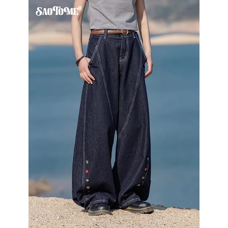 早乙女惠子「莫奈纽语」saotome日系复古彩扣分割宽松弯刀牛仔2292