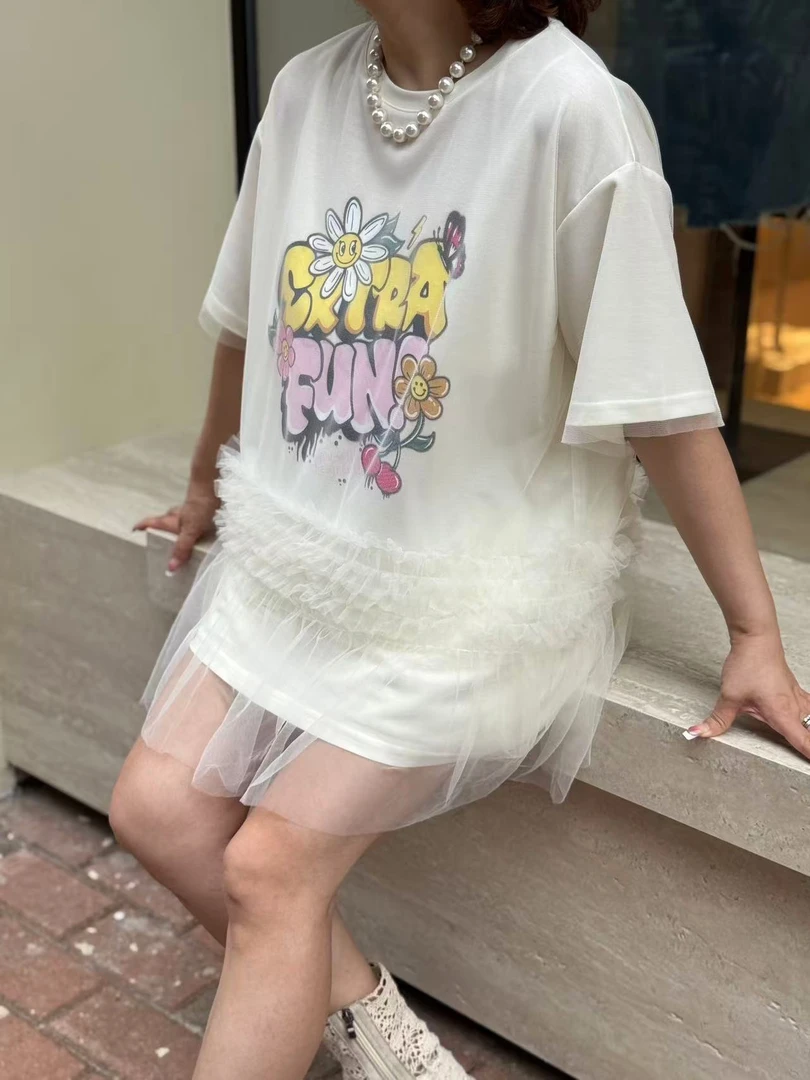 【首尔站】拼接短袖中长款卡通蕾丝T恤黑色百搭潮流印花