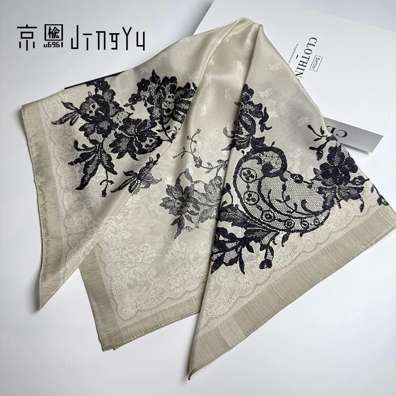 京榆 丨蕾丝花丨100%桑蚕丝14姆米双绉中方巾围巾女丝巾65*65cm