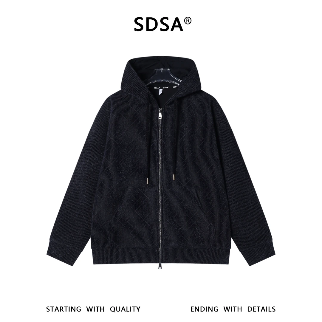 SDSA男士秋冬新款痞帅男装时尚绒毛线条竖纹拉链连帽卫衣百搭宽松