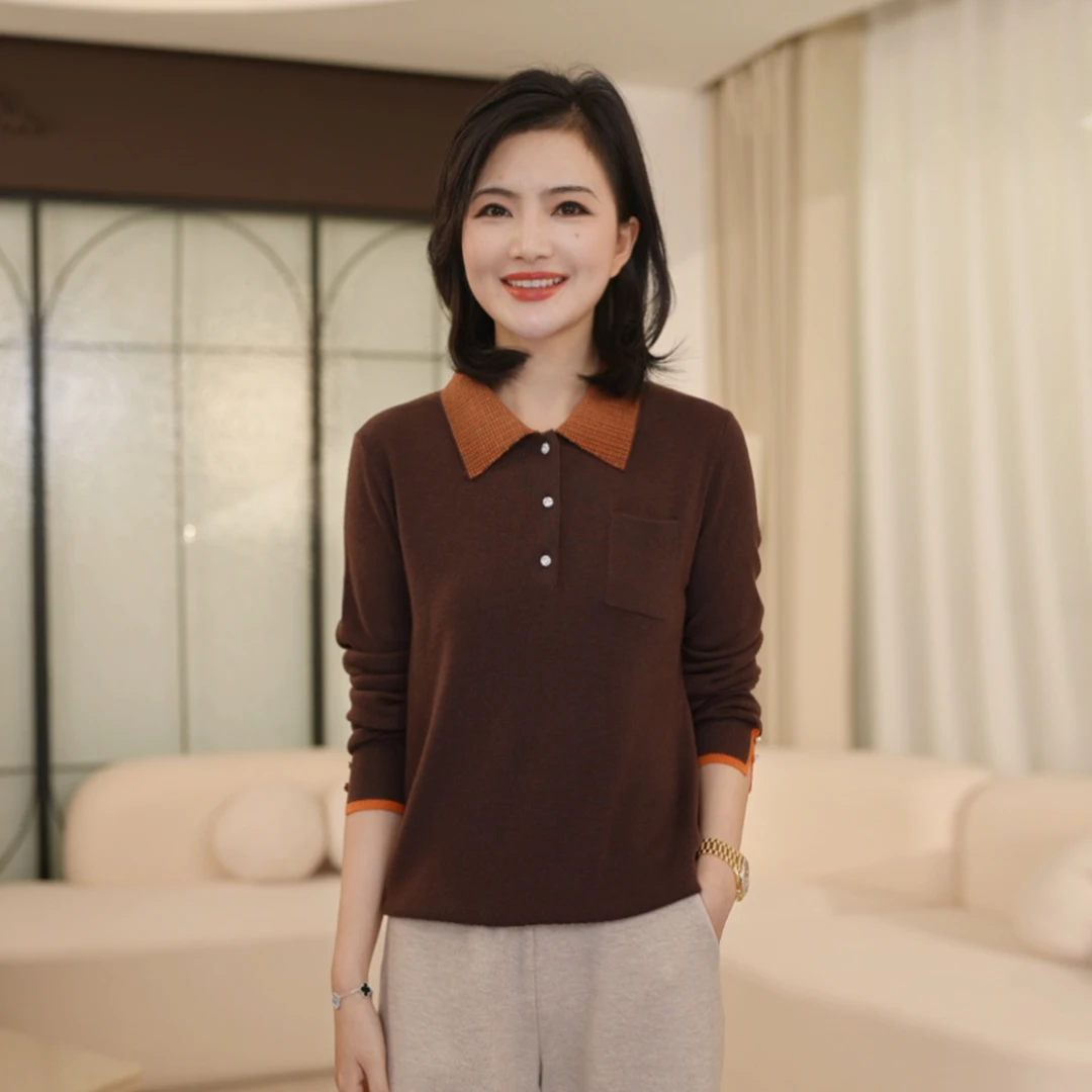 枫竺阿楠anan气质撞色格纹Polo领全羊毛针织衫女秋冬百搭套头毛衣