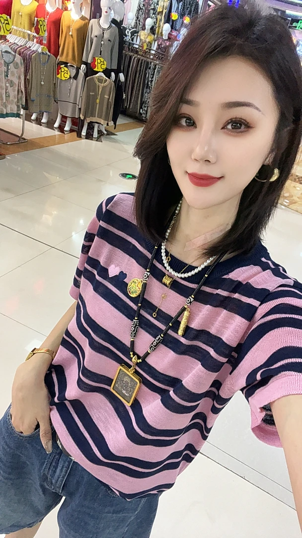 爱心粉色蓝色条纹冰棉麻丝半袖条纹半袖T夏季女款
