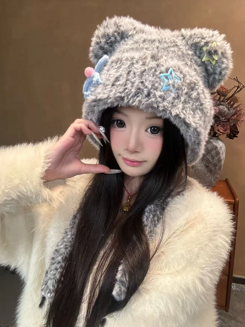 ins冬季护耳帽小熊y2k可爱学生骑车防寒防风女加绒系带毛绒帽韩版