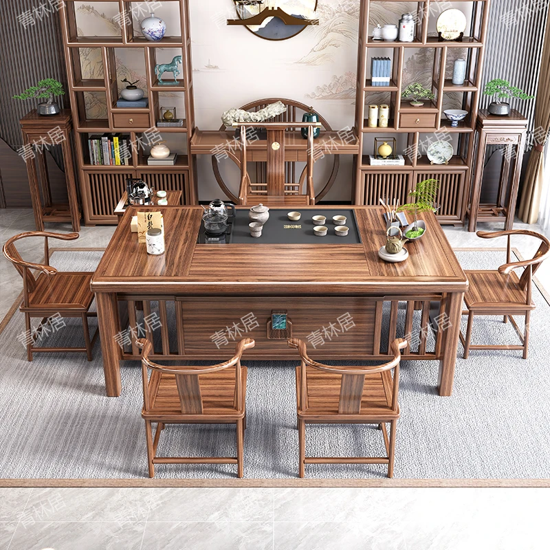 实木新中式茶桌椅组合接待办公室简约家用客厅储物烧水壶一体式装