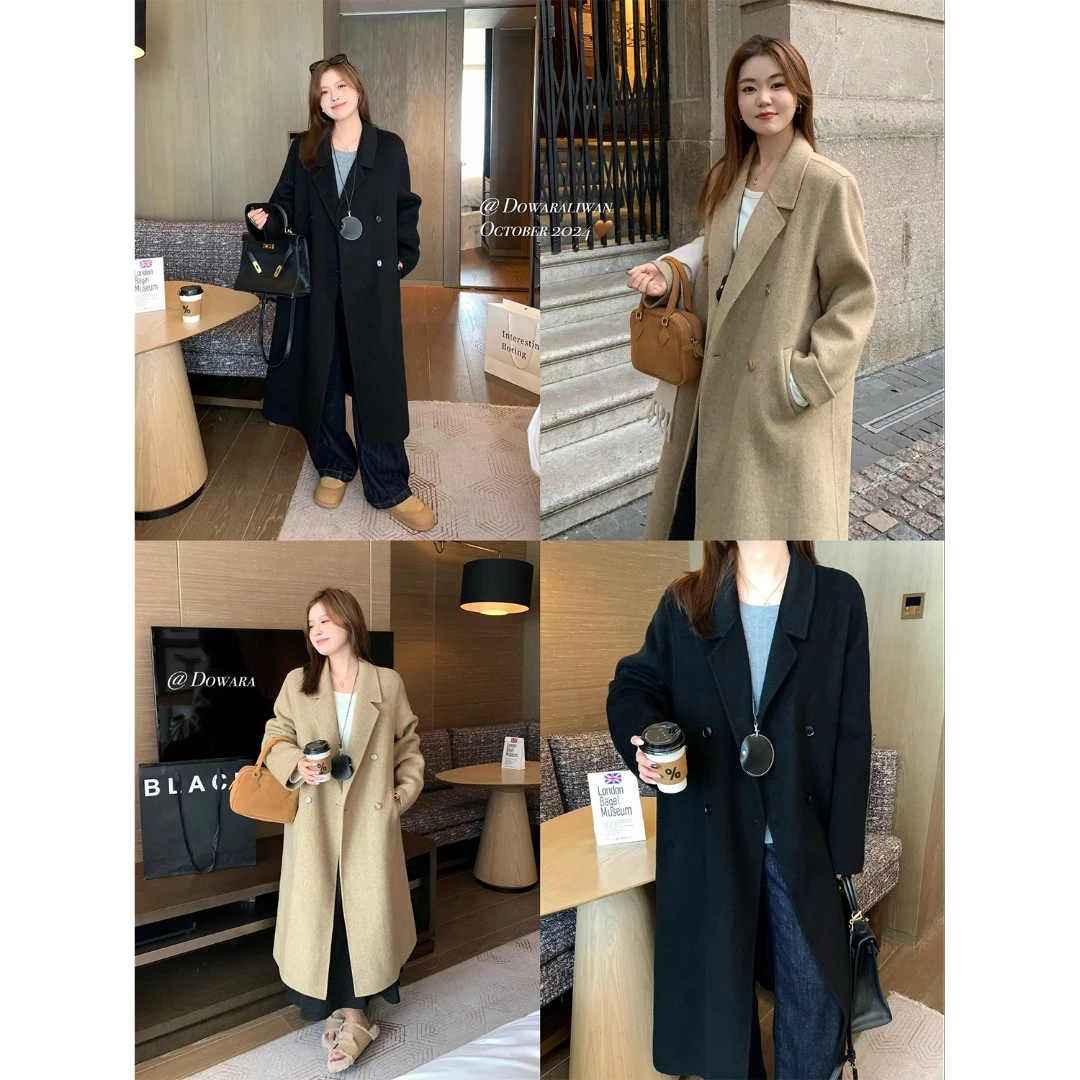 大婉酱微胖定制秋冬绵羊毛翻驳领双面毛呢大衣长款呢子外套7142D