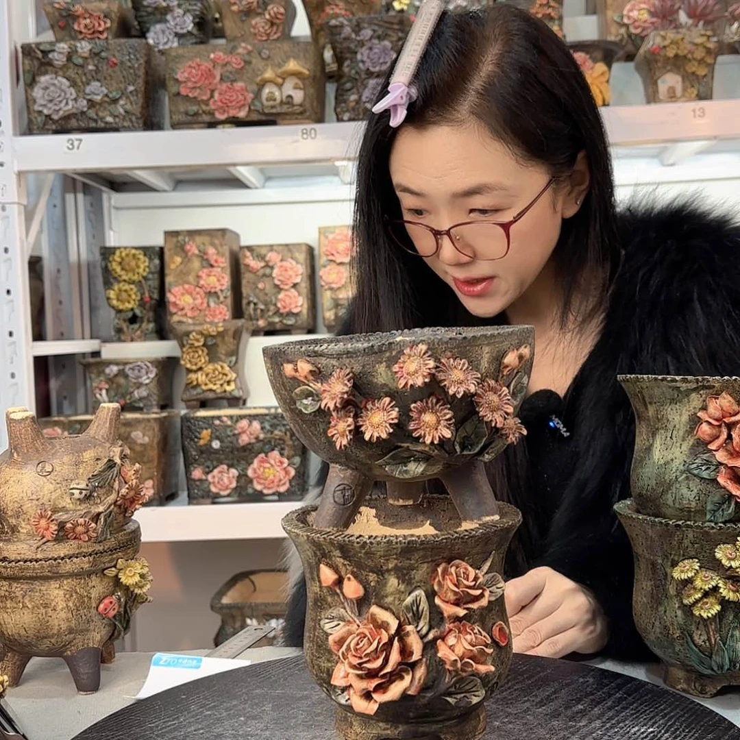 红陶?*玄青默花器麦饭石花盆