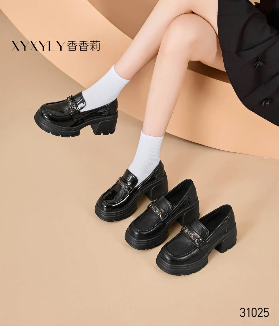 香香莉31025新款厚底乐福鞋女粗跟一脚蹬单鞋休闲百搭2025春秋
