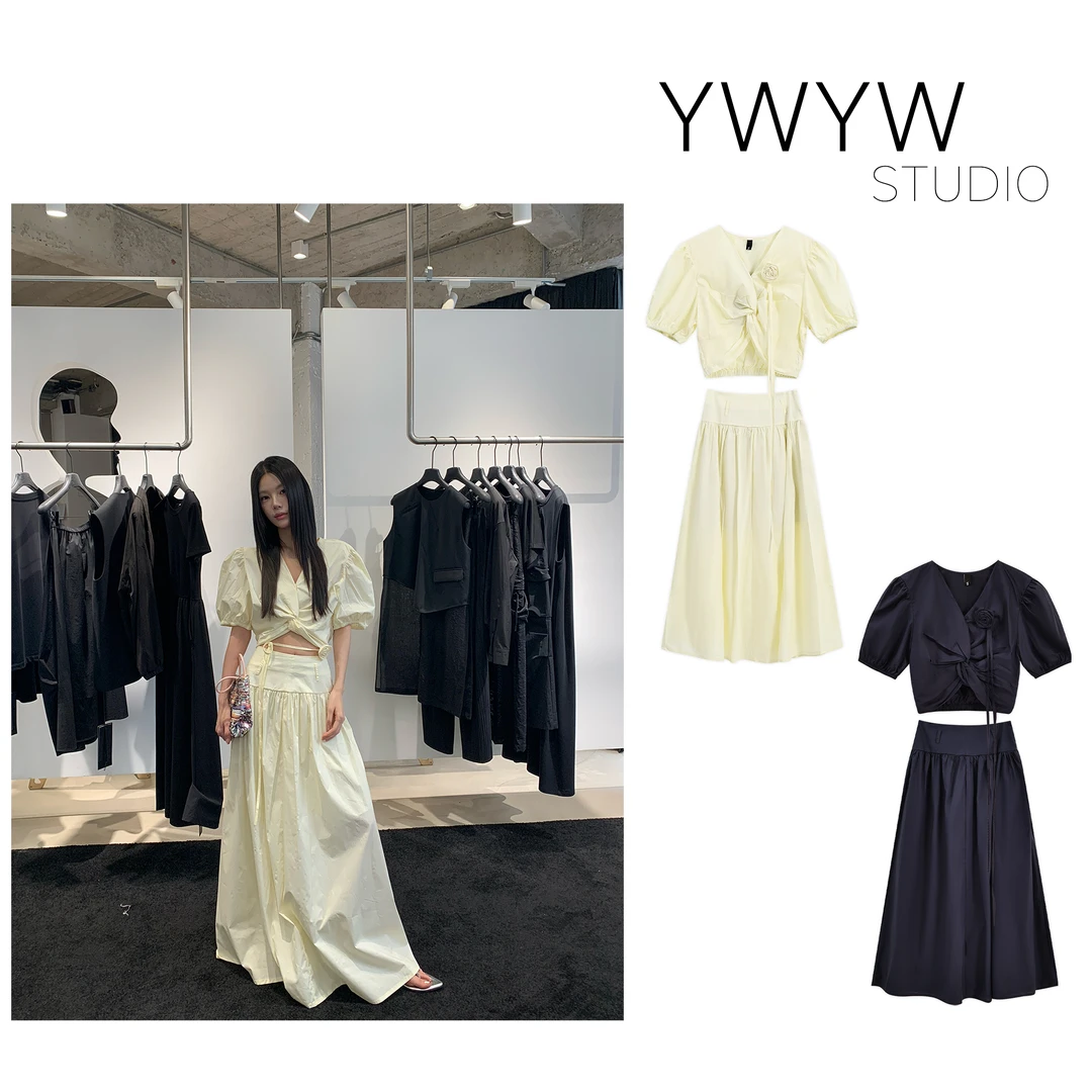 【YWYW25S/S】纯棉收腰泡泡袖深V领上衣+气质高腰大摆长裙套装5120