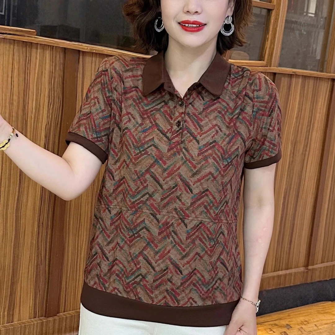 2025新款中老年妈妈夏装短袖t恤女小衫时尚洋气宽松休闲大码上衣